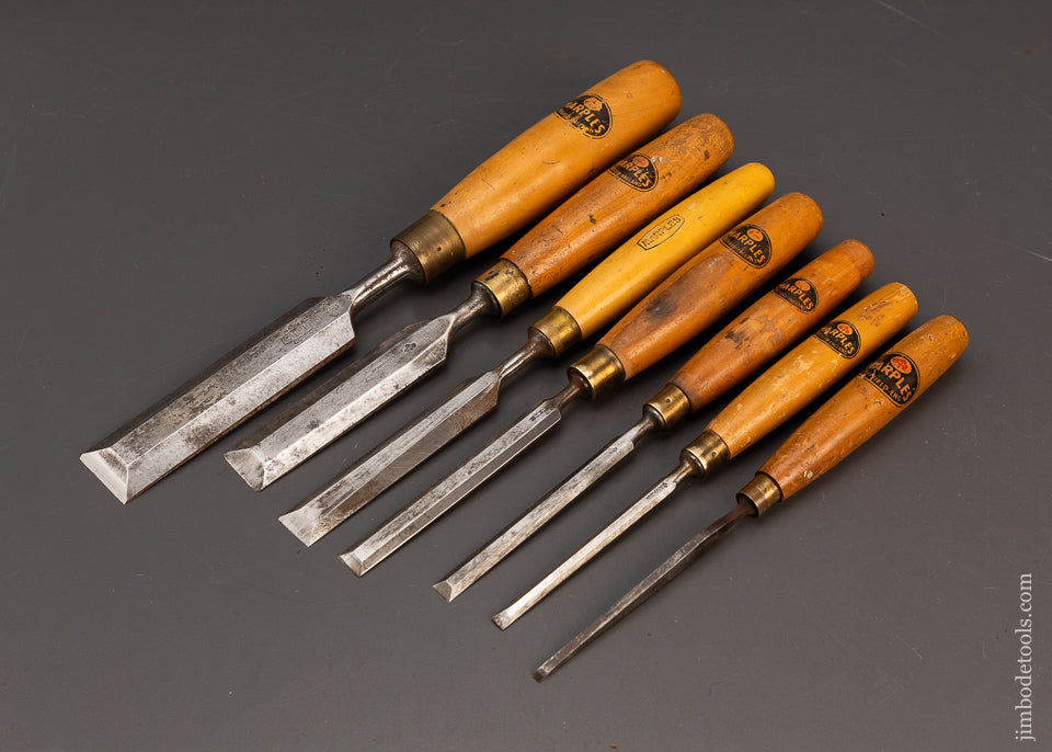 Extra-Fine-Set-of-7-MARPLES-Boxwood-Handled-Bevel-Edge-Tang-Chisels-118831