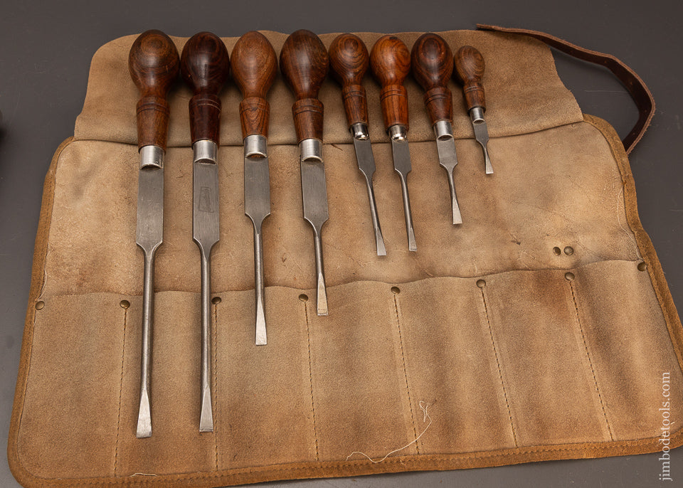 Near-Mint-Set-of-8-Rosewood-Handle-Cabinet-Maker’s-Screwdrivers-in-Leather-Roll-119879