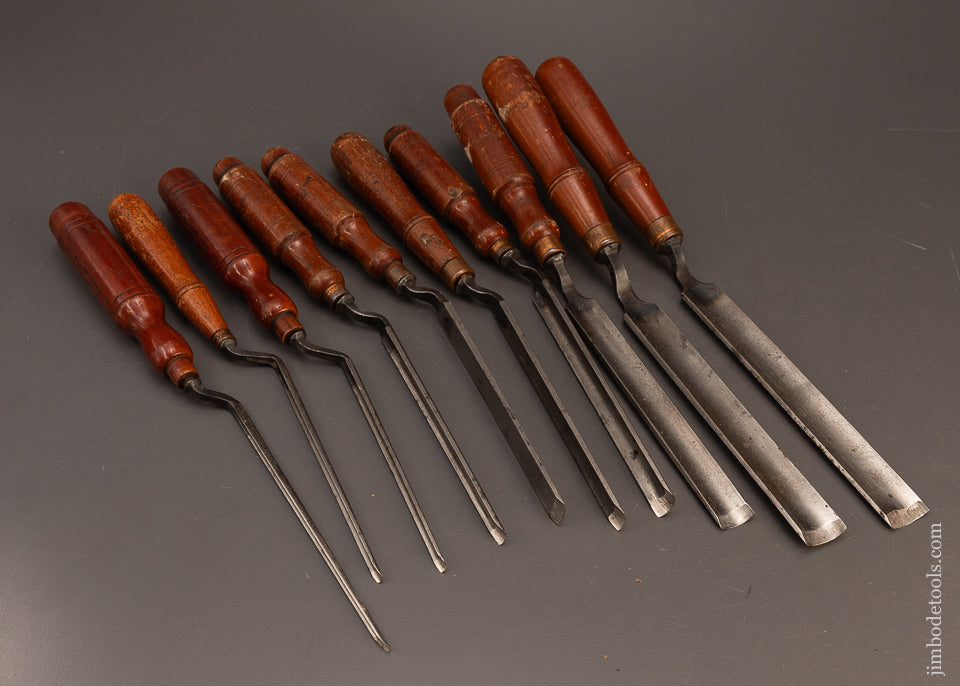 Extra-Fine-Set-of-10-BUCK-BROTHERS-Crank-Neck-Pattern-Maker’s-Gouges-119880