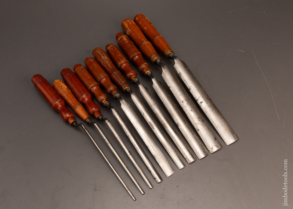 Extra-Fine-Set-of-10-BUCK-BROTHERS-Crank-Neck-Pattern-Maker’s-Gouges-119880