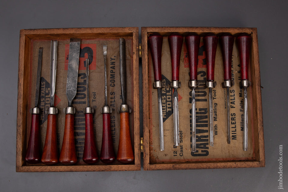 Rare-&-Fine-MILLERS-FALLS-No.-3-Carving-Tool-Set-in-Original-Box-119909