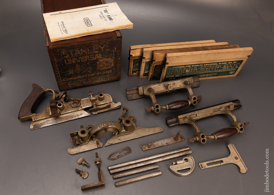Complete-&-Fine-STANLEY-No.-55-Combination-Plane-in-Chestnut-Box-119925