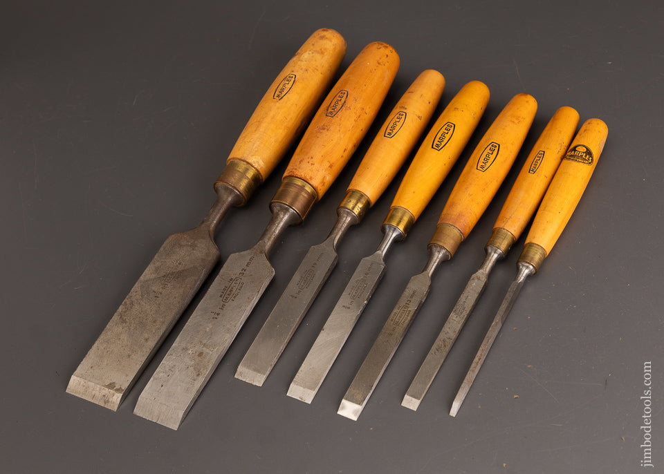 Near-Mint-Set-of-7-MARPLES-Boxwood-Handled-Bench-Chisels-120598