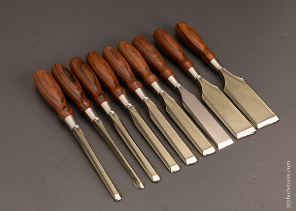 Dead-Mint-Set-of-9-BLUE-SPRUCE-TOOL-WORKS-Rosewood-Handled-Bench-Chisels-120658-AS-OF-MAY-6