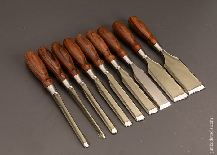 Dead-Mint-Set-of-9-BLUE-SPRUCE-TOOL-WORKS-Rosewood-Handled-Bench-Chisels-120658-AS-OF-MAY-6