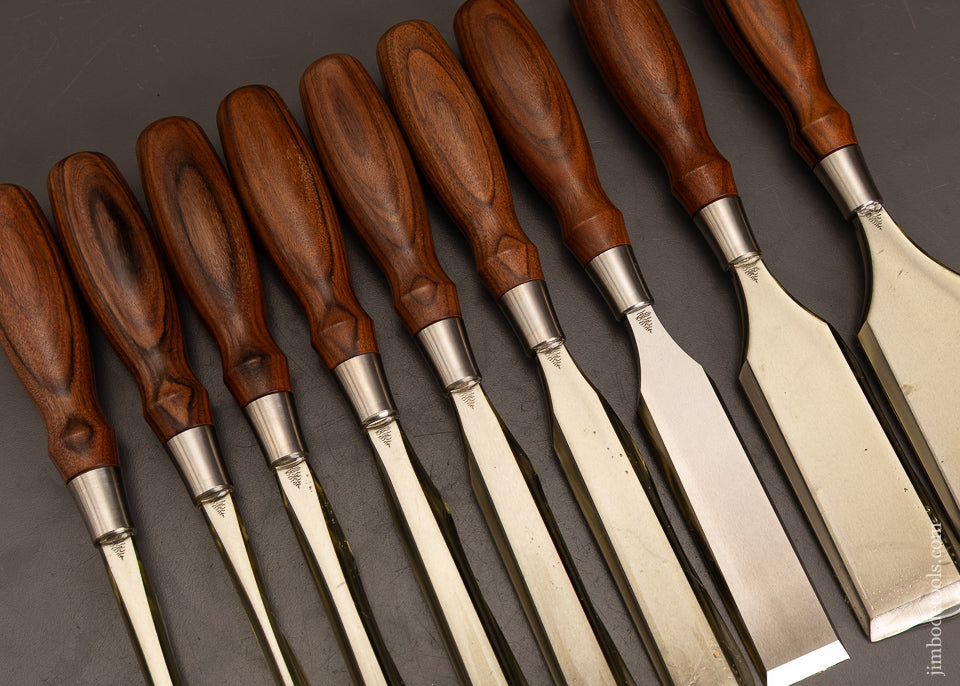 Dead-Mint-Set-of-9-BLUE-SPRUCE-TOOL-WORKS-Rosewood-Handled-Bench-Chisels-120658-AS-OF-MAY-6