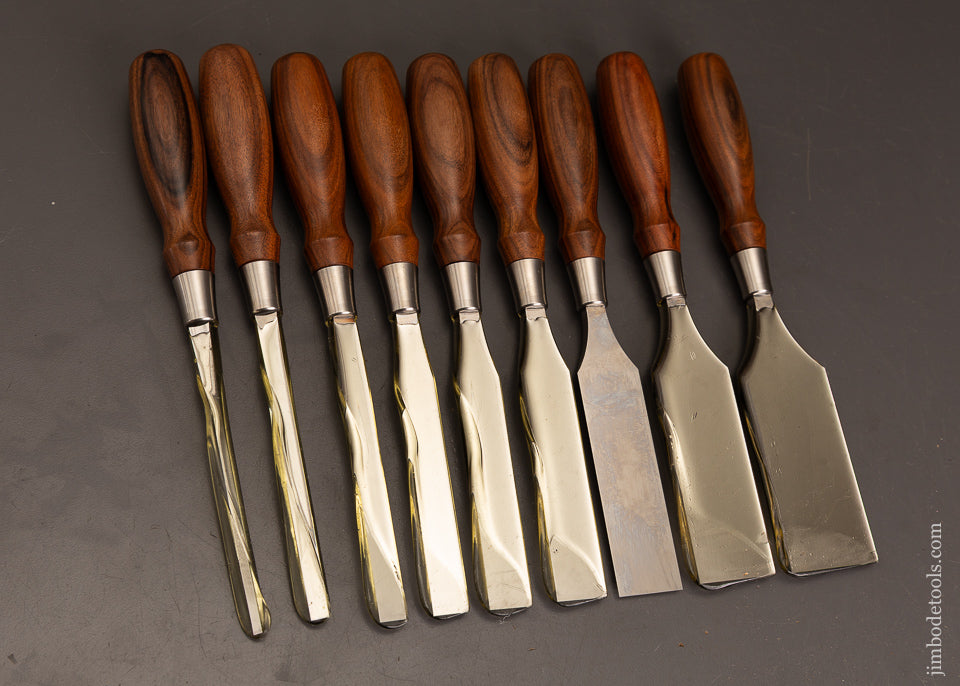 Dead-Mint-Set-of-9-BLUE-SPRUCE-TOOL-WORKS-Rosewood-Handled-Bench-Chisels-120658-AS-OF-MAY-6