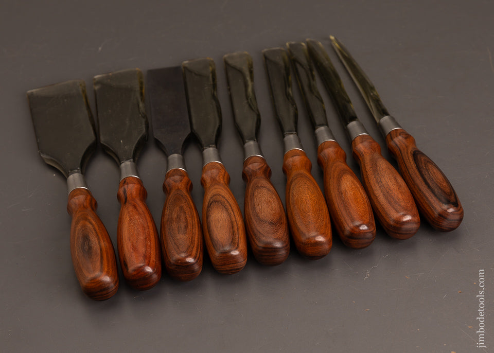 Dead-Mint-Set-of-9-BLUE-SPRUCE-TOOL-WORKS-Rosewood-Handled-Bench-Chisels-120658-AS-OF-MAY-6