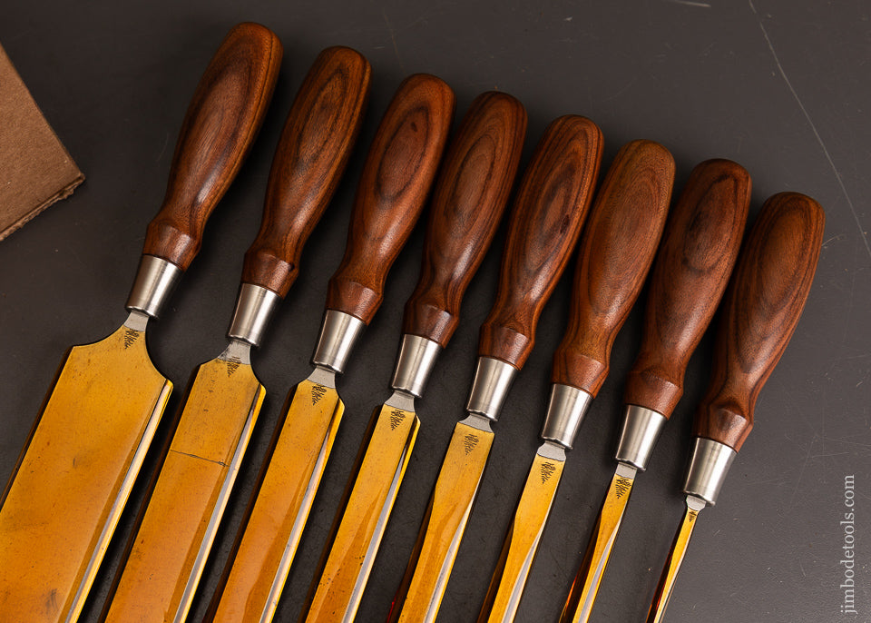 Dead-Mint-Set-of-8-BLUE-SPRUCE-TOOL-WORKS-Rosewood-Handled-Paring-Chisels-120659-AS-OF-MAY-10