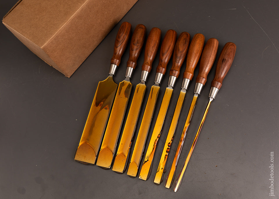 Dead-Mint-Set-of-8-BLUE-SPRUCE-TOOL-WORKS-Rosewood-Handled-Paring-Chisels-120659-AS-OF-MAY-10
