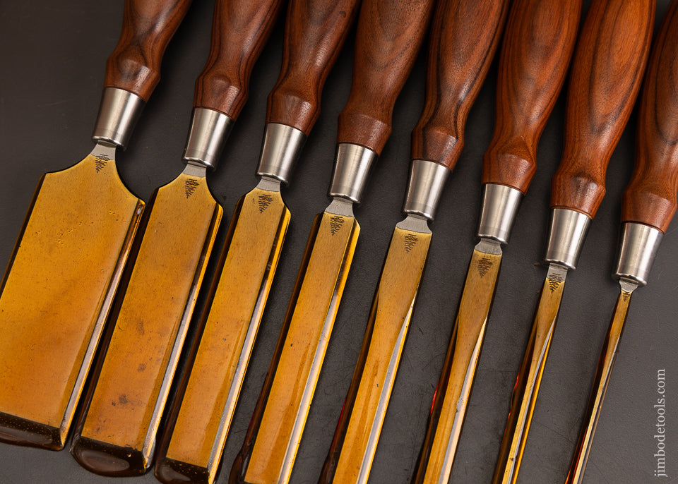 Dead-Mint-Set-of-8-BLUE-SPRUCE-TOOL-WORKS-Rosewood-Handled-Dovetail-Chisels-120660-AS-OF-MAY-9
