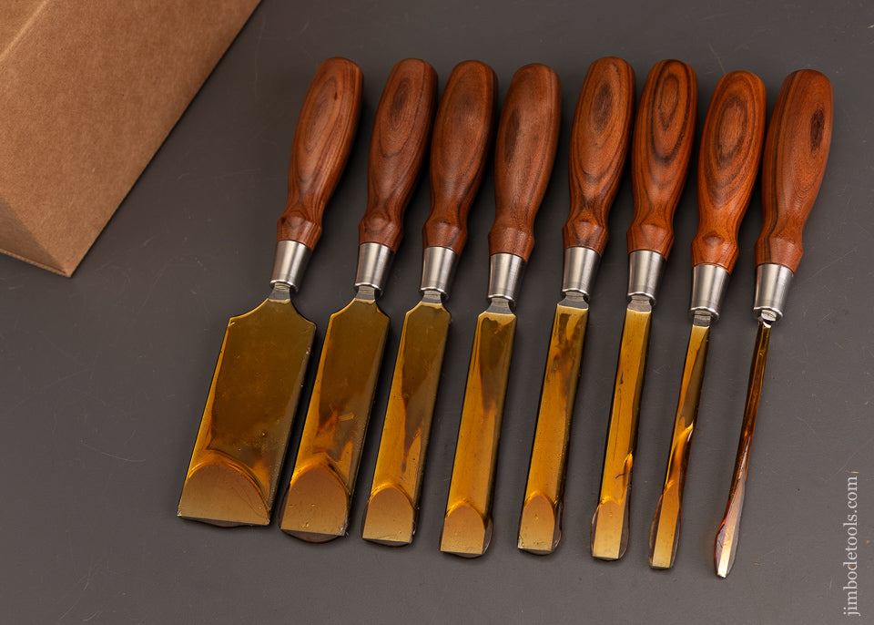 Dead-Mint-Set-of-8-BLUE-SPRUCE-TOOL-WORKS-Rosewood-Handled-Dovetail-Chisels-120660-AS-OF-MAY-9