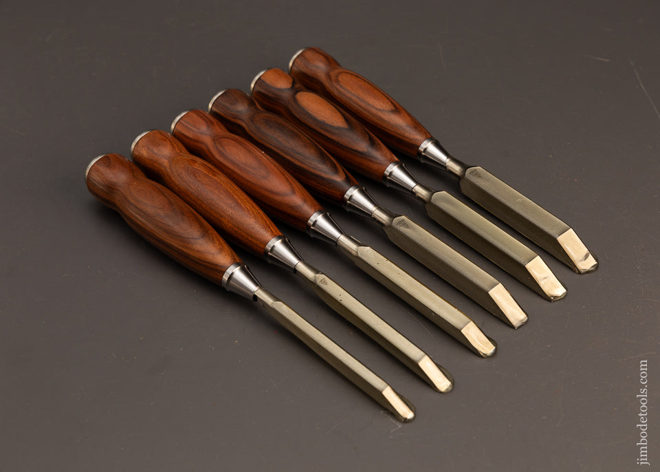 Dead-Mint-Set-of-6-BLUE-SPRUCE-TOOL-WORKS-Rosewood-Handled-Mortise-Chisels-120661