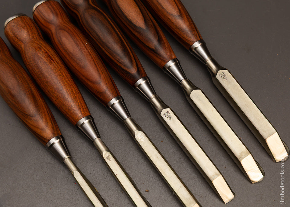 Dead-Mint-Set-of-6-BLUE-SPRUCE-TOOL-WORKS-Rosewood-Handled-Mortise-Chisels-120661