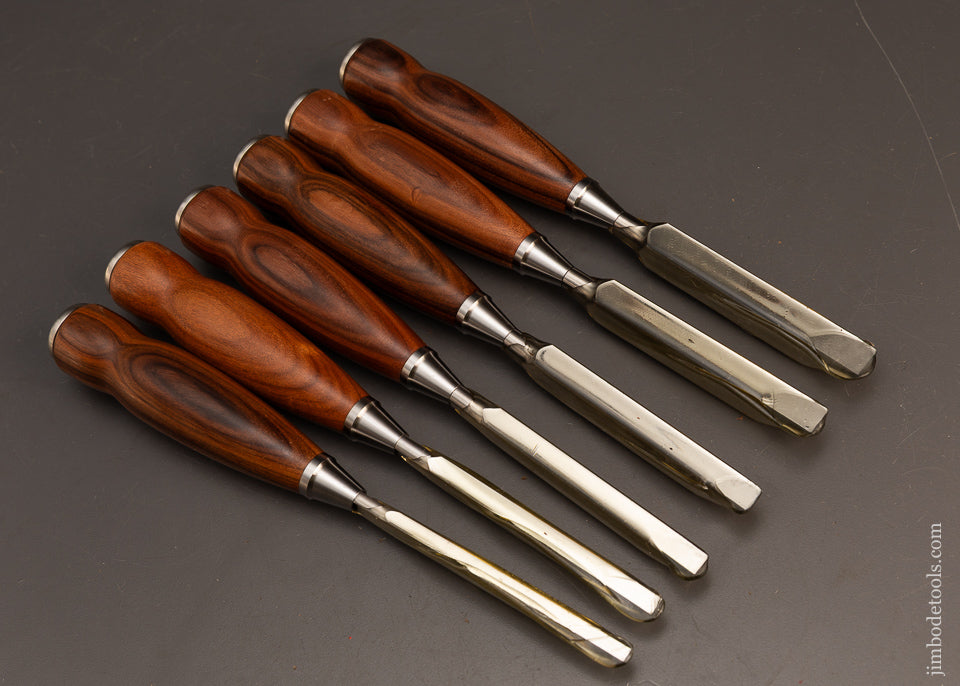 Dead-Mint-Set-of-6-BLUE-SPRUCE-TOOL-WORKS-Rosewood-Handled-Mortise-Chisels-120661