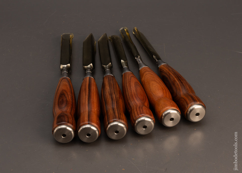 Dead-Mint-Set-of-6-BLUE-SPRUCE-TOOL-WORKS-Rosewood-Handled-Mortise-Chisels-120661