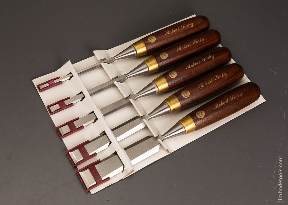 Mint-in-Box-Set-of-5-SORBY-Rosewood-Handled-Bevel-Edge-Chisels-121100