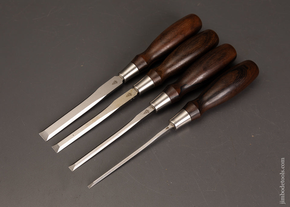 Mint-Set-of-4-BLUE-SPRUCE-TOOL-WORKS-Dovetail-Chisels-with-Cocobolo-Handles-125578-AS-OF-SEPT-6