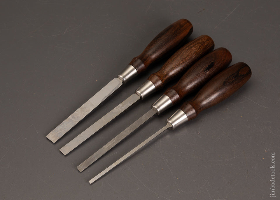 Mint-Set-of-4-BLUE-SPRUCE-TOOL-WORKS-Dovetail-Chisels-with-Cocobolo-Handles-125578-AS-OF-SEPT-6