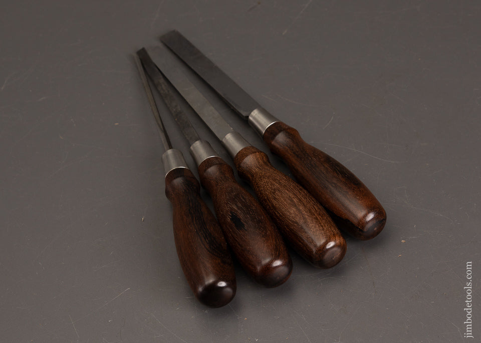 Mint-Set-of-4-BLUE-SPRUCE-TOOL-WORKS-Dovetail-Chisels-with-Cocobolo-Handles-125578-AS-OF-SEPT-6