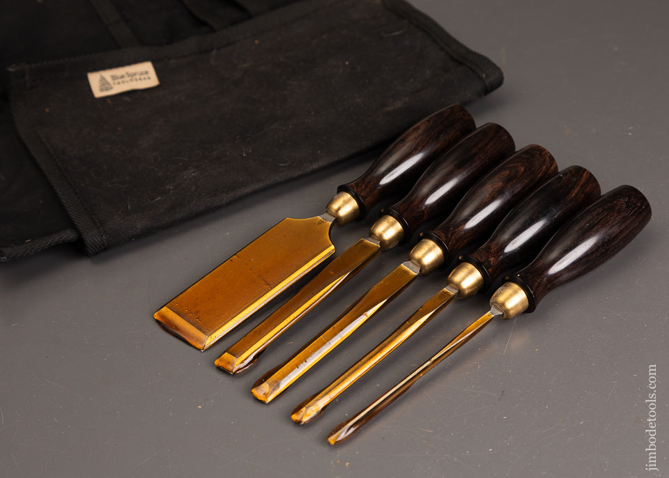 Mint-&-Unused-Set-of-5-BLUE-SPRUCE-TOOL-WORKS-Dovetail-Chisels-with-African-Blackwood-Handles-121587