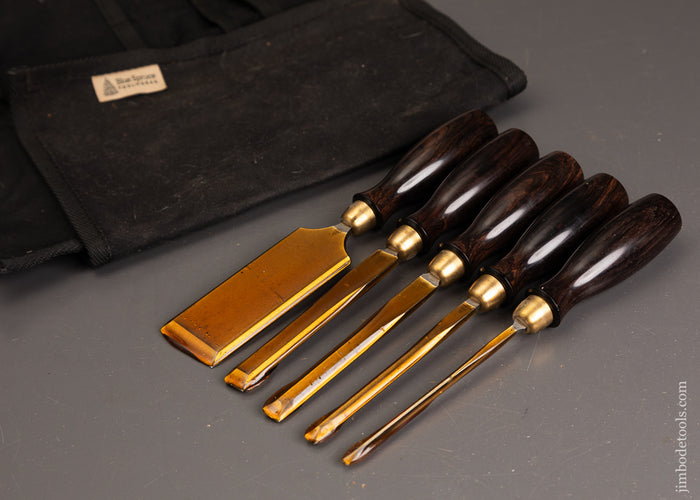 Mint-&-Unused-Set-of-5-BLUE-SPRUCE-TOOL-WORKS-Dovetail-Chisels-with-African-Blackwood-Handles-121587