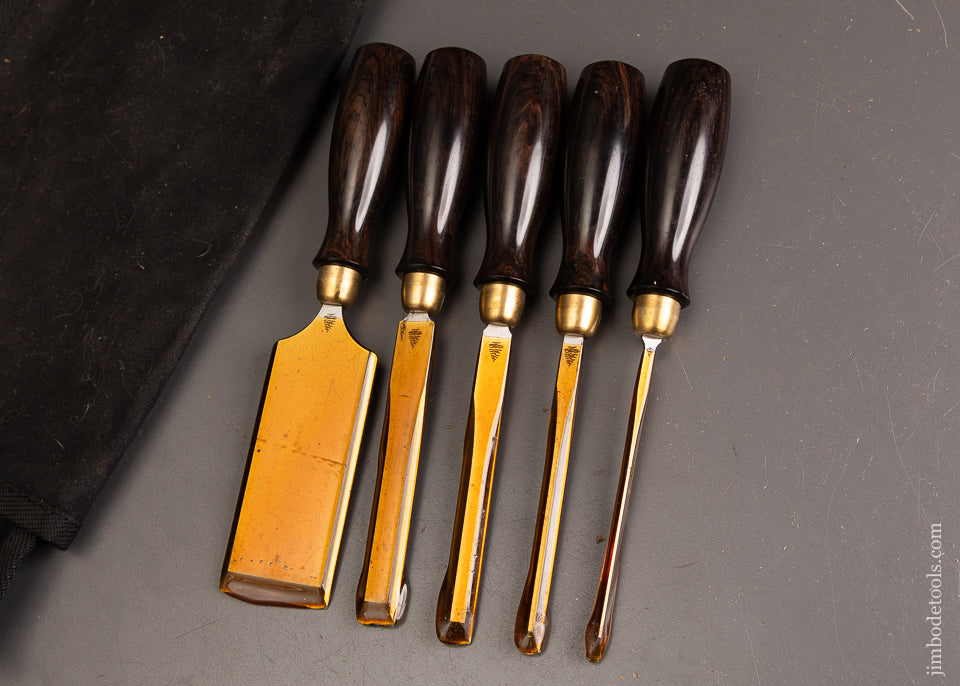 Mint-&-Unused-Set-of-5-BLUE-SPRUCE-TOOL-WORKS-Dovetail-Chisels-with-African-Blackwood-Handles-121587