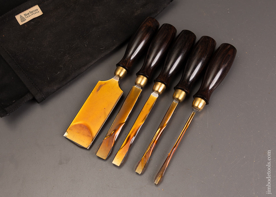 Mint-&-Unused-Set-of-5-BLUE-SPRUCE-TOOL-WORKS-Dovetail-Chisels-with-African-Blackwood-Handles-121587
