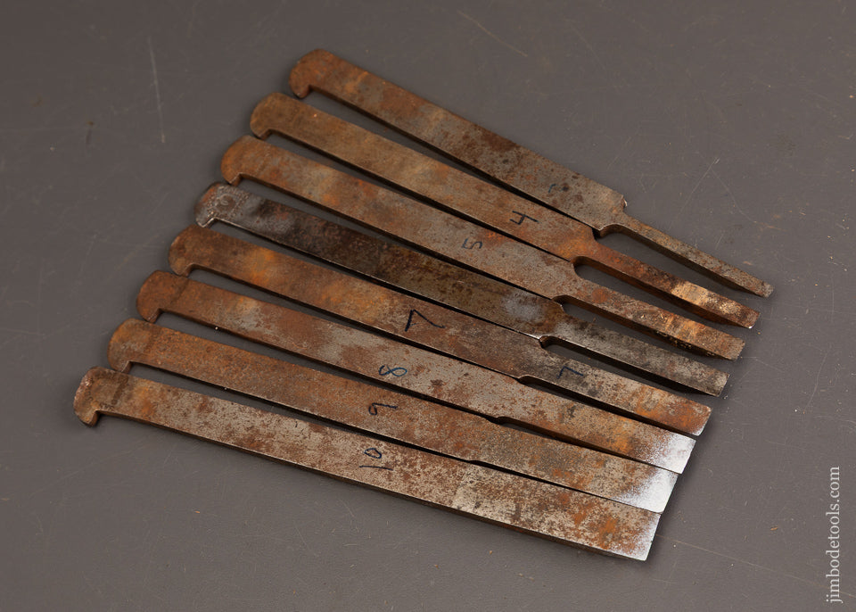 Complete-Set-of-8-SANDUSKY-Plow-Plane-Irons-for-Center-Wheel-Plow-Plane-121697