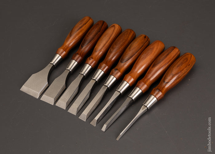 Mint-Set-of-8-BLUE-SPRUCE-TOOL-WORKS-Butt-Chisels-with-Rosewood-Handles-121991-AS-OF-SEPT-15