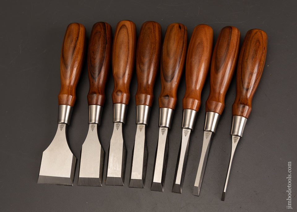Mint-Set-of-8-BLUE-SPRUCE-TOOL-WORKS-Butt-Chisels-with-Rosewood-Handles-121991-AS-OF-SEPT-15