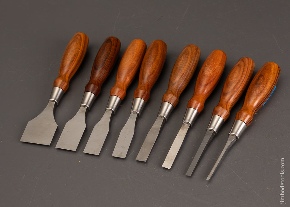 Mint-Set-of-8-BLUE-SPRUCE-TOOL-WORKS-Butt-Chisels-with-Rosewood-Handles-121991-AS-OF-SEPT-15