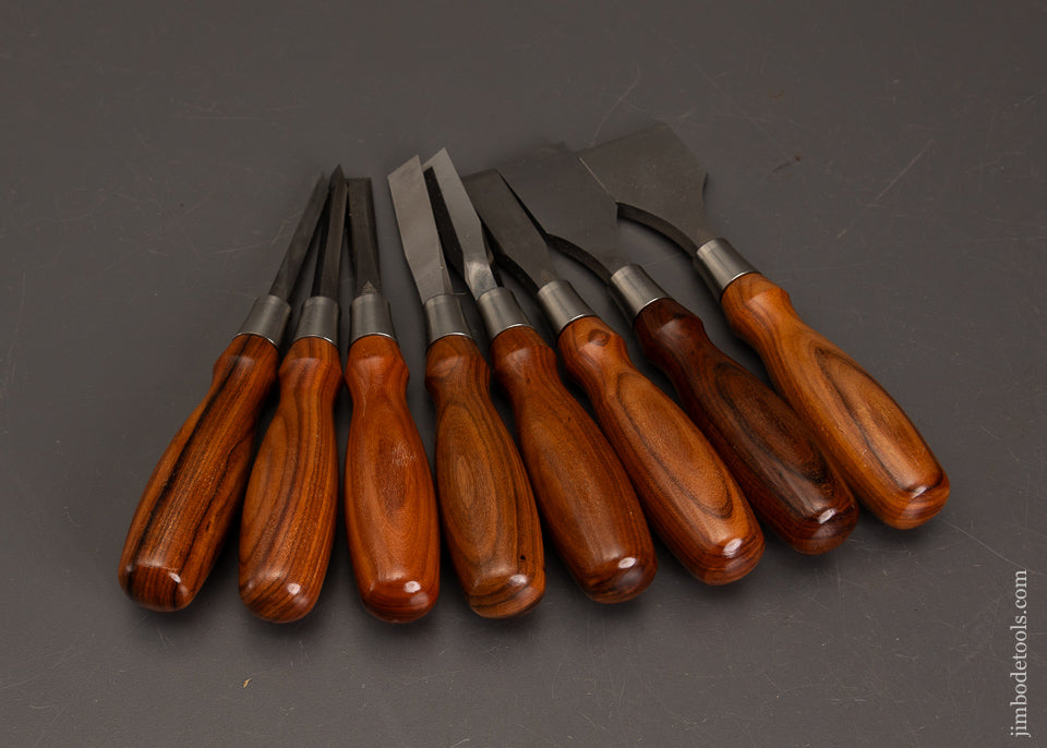 Mint-Set-of-8-BLUE-SPRUCE-TOOL-WORKS-Butt-Chisels-with-Rosewood-Handles-121991-AS-OF-SEPT-15