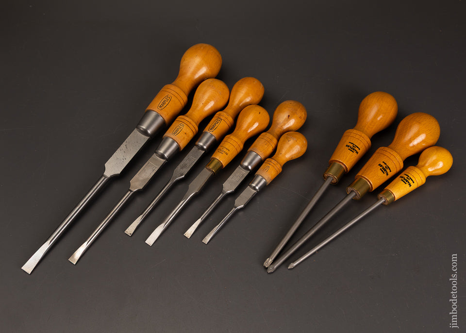 Amazing-Set-of-9-Boxwood-Handled-MARPLES-Cabinet-Maker’s-Screwdrivers-122022