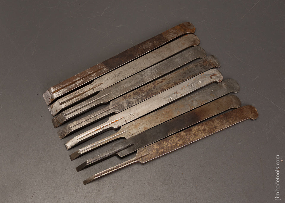 Set-of-8-Graduated-OHIO-TOOL-CO-Plow-Plane-Irons-For-Center-Wheel-Plow-122052