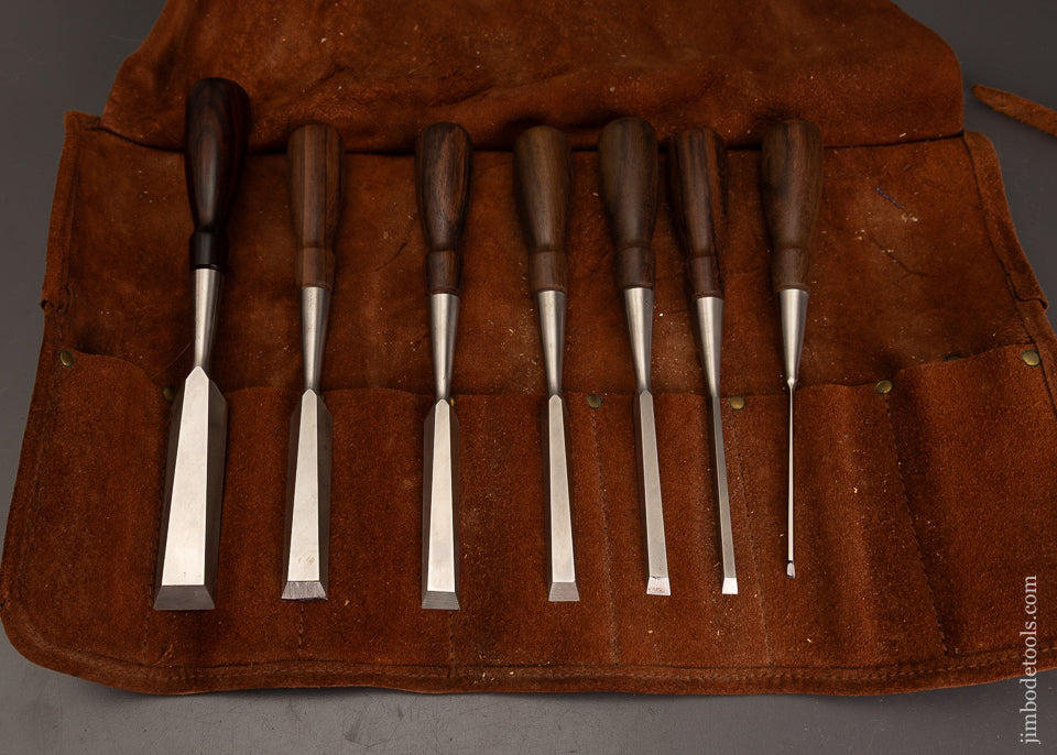 Fine Set of 7 LIE NIELSEN Bench Chisels in Leather Roll Rosewood Handl ...
