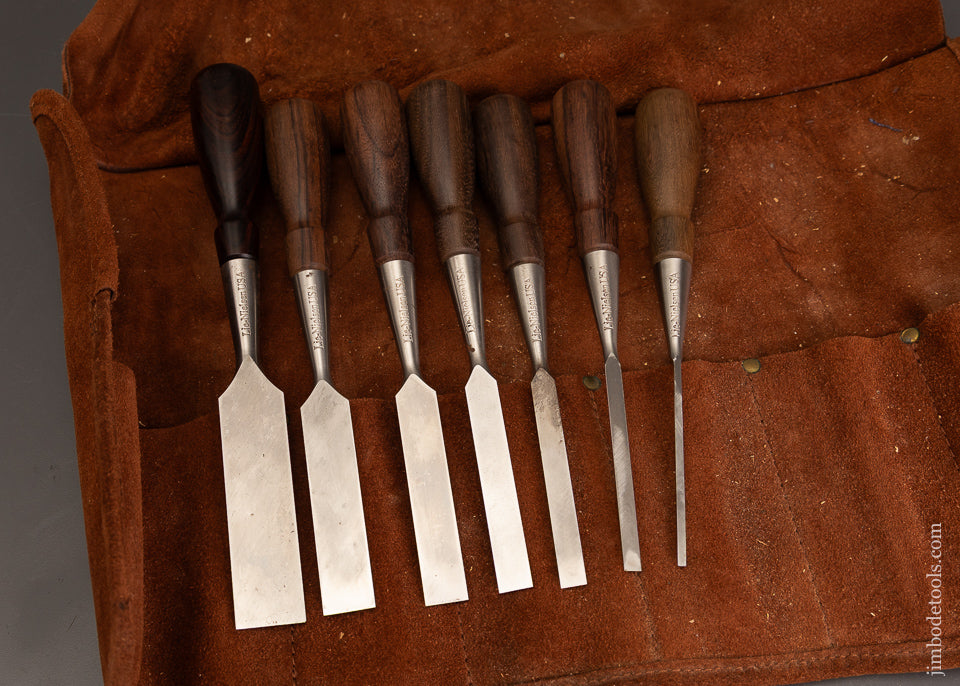 Fine Set of 7 LIE NIELSEN Bench Chisels in Leather Roll Rosewood Handl ...