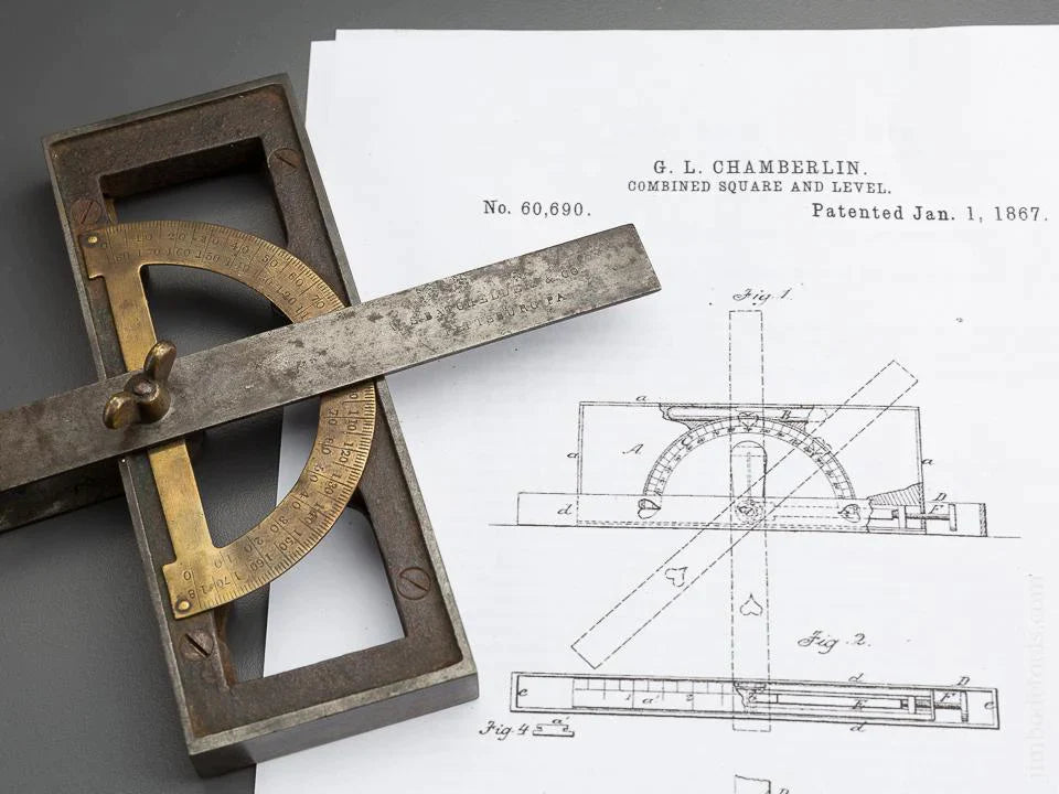 Rare! CHAMBERLIN's Patent January 1, 1867 Combination Square, Protractor, Inclinometer & Level by BATCHELDER -- 79127