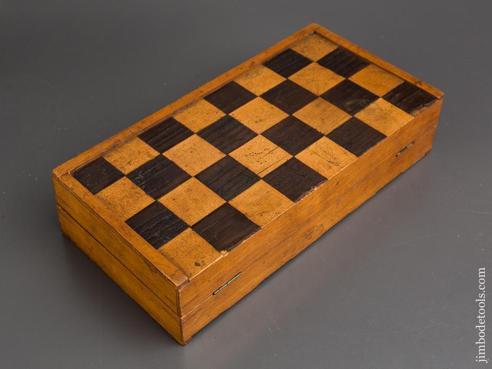 Early Antique Inlaid Game Board Box with 21 Antique Checkers - 83877R