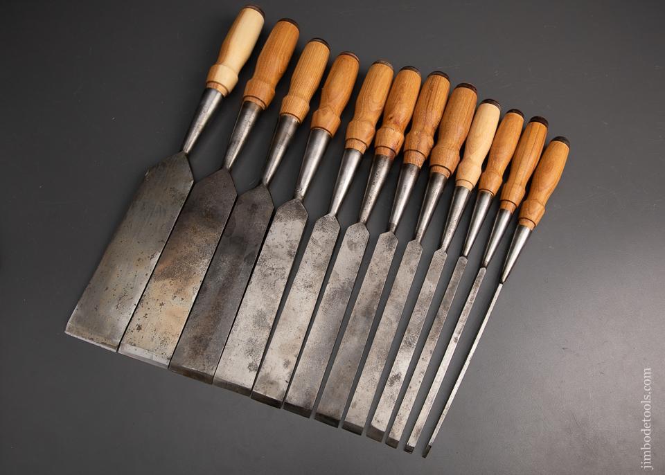 New Set of 12 JAMES SWAN WITHERBY Type Leather Capped Hickory Chisel Handles * 95917M