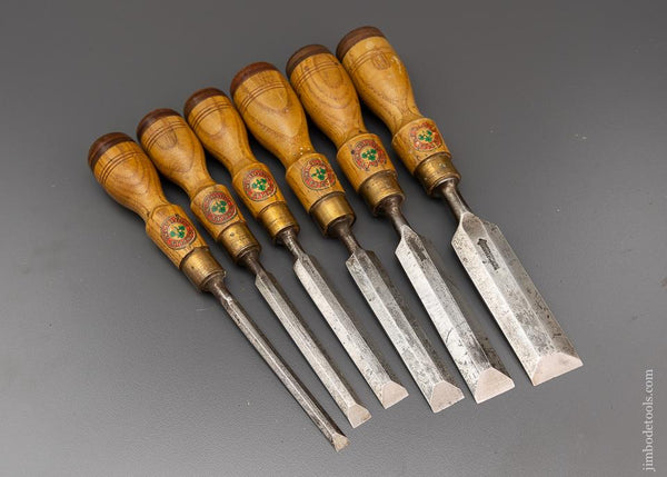 Magnificent Set of Fine MARPLES Beveled Edge Tang Firmer Chisels with Decals - 96320