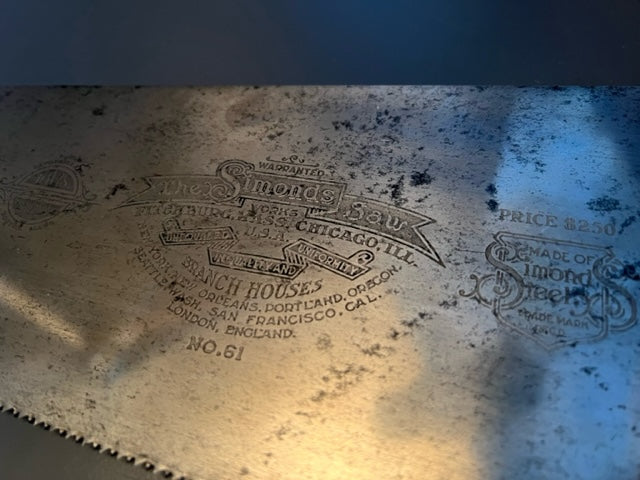 Rare & Fine SIMONDS No. 61 Hand Saw - Original Price Medallion $2.50 - 109698