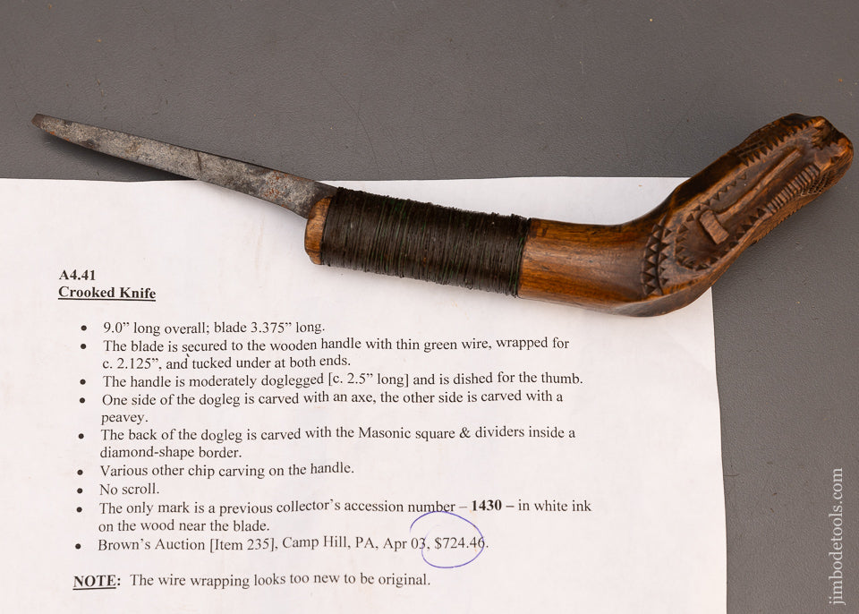 World Class Carved Native American Crooked Knife with Axe, Masonic Symbol, Peavy - EXCELSIOR 115704 - AS OF MAY 28