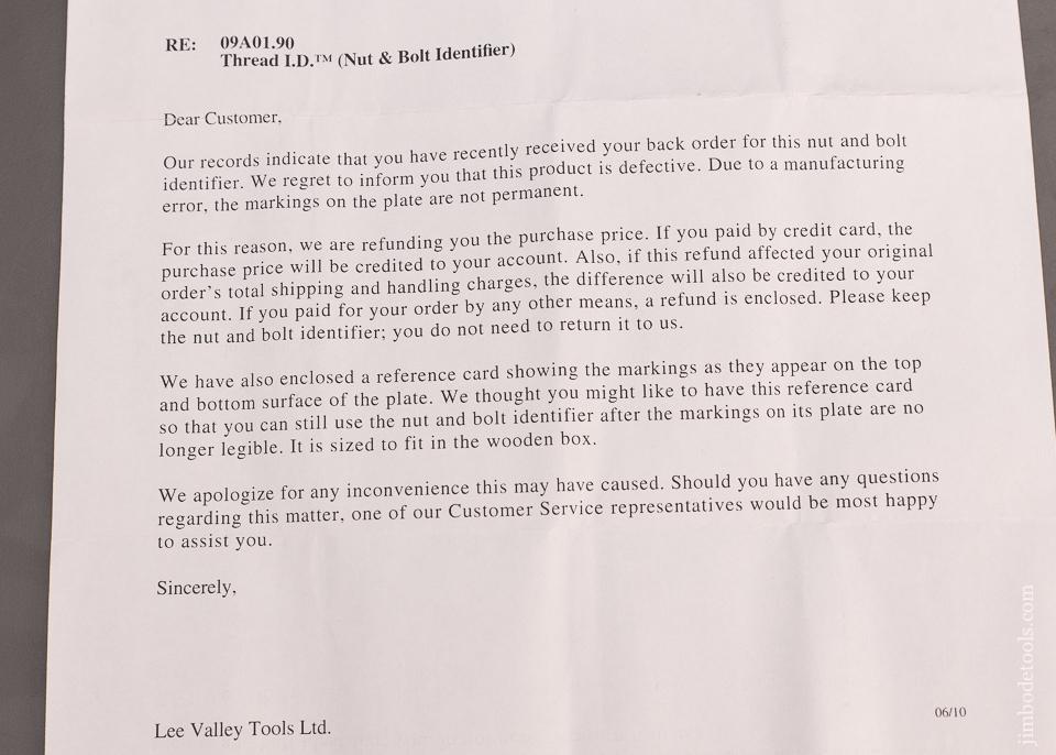 LEE VALLEY THREAD I.D. Mint in Box - 100003