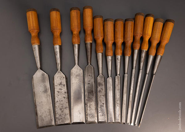 Clean Complete Set of 12 T.H. WITHERBY Bevel Edge Socket Firmer Chisels - 100124