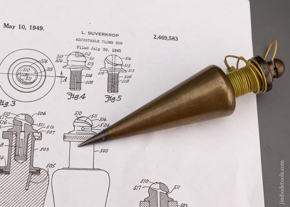 RARE Sixteen ounce SUVERKROP May 10, 1949 Patent No. 9 Integral Reel Micro Plumb Bob - 101133