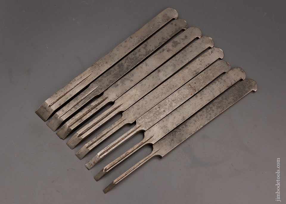 Complete Graduated Set of 8 Plow Plane Irons for OHIO TOOL CO. Center Wheel Plow Plane - 101177