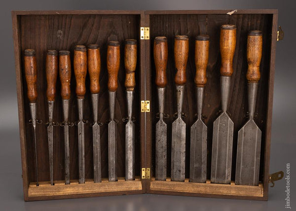 Magnificent Complete Set of 12 C.E. JENNINGS Bevel Edge Socket Firmer Chisels in Original Box - 101233