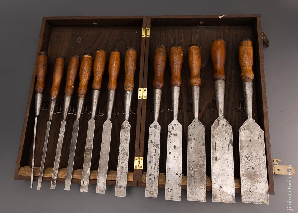 Magnificent Complete Set of 12 C.E. JENNINGS Bevel Edge Socket Firmer Chisels in Original Box - 101233