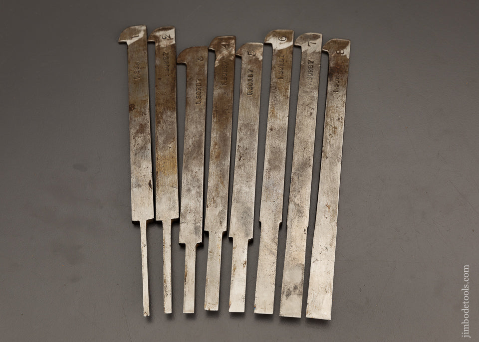 Fine Graduated Set of I. SORBY Plow Plane Irons Numbered 1-8 - 102191